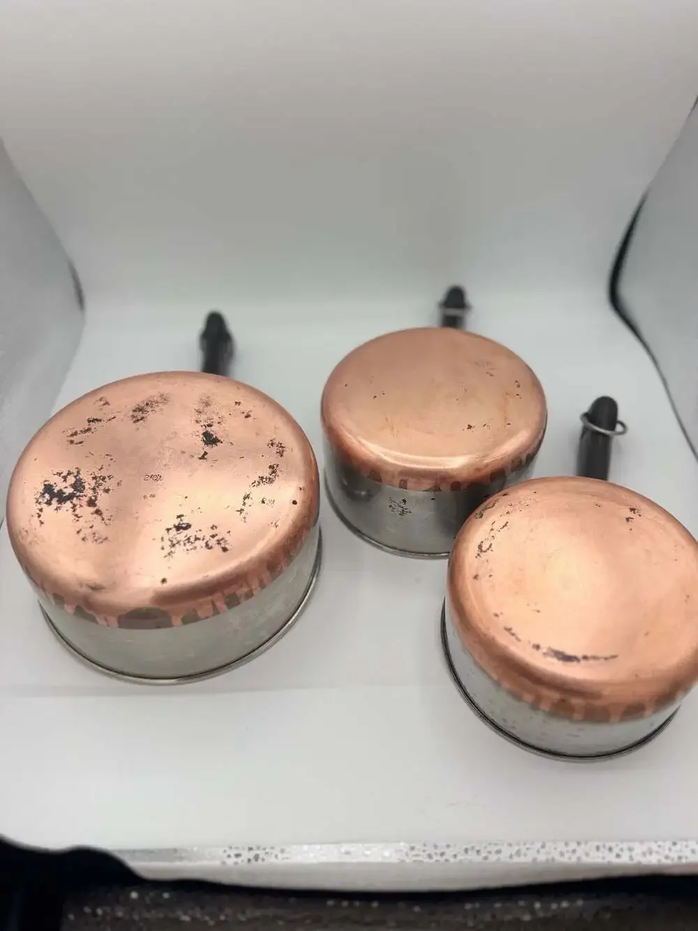 1801 Revere Ware Sauce Pans Set of 3 no lids 2qt, 1qt ,and 1/2qt.